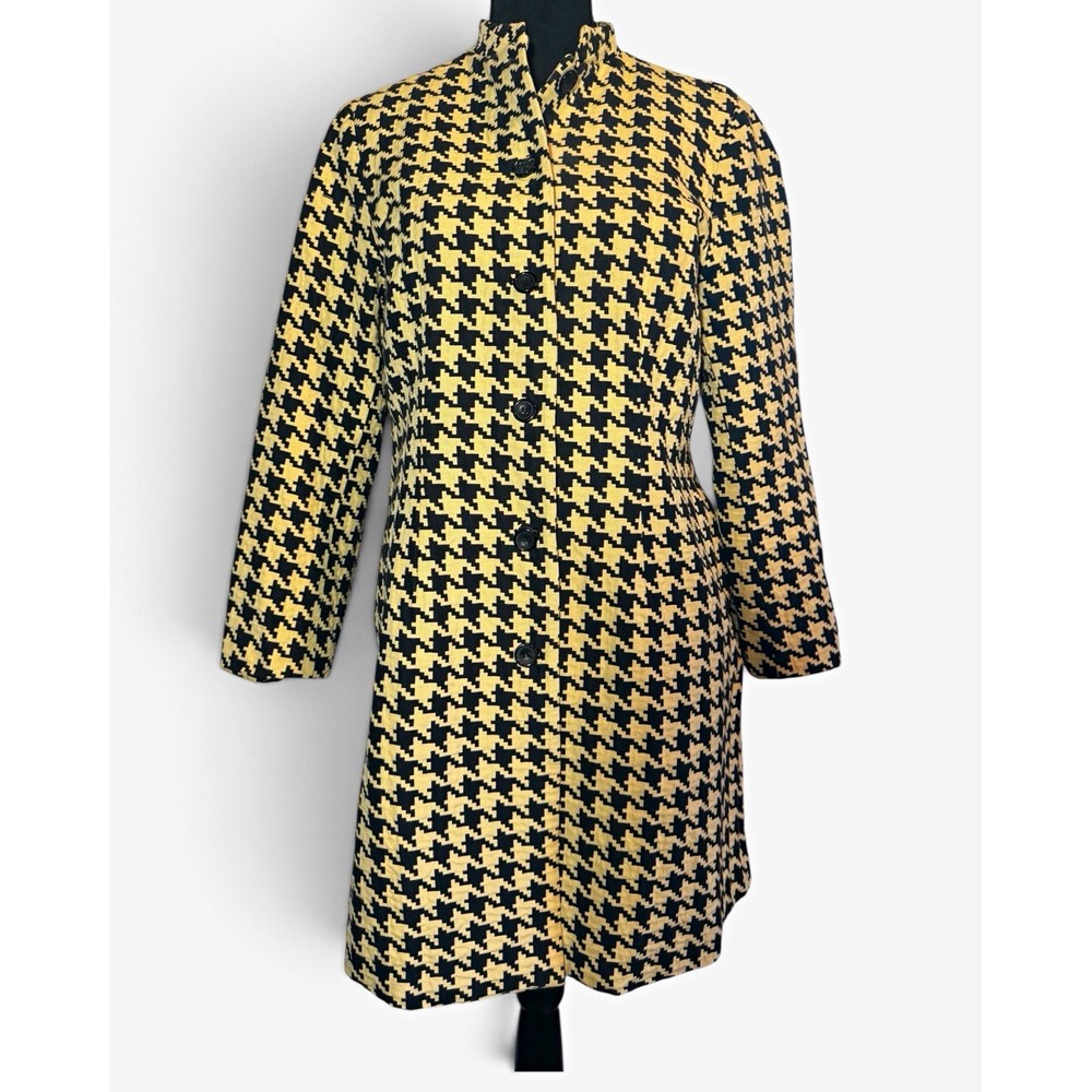 J McLaughlin Women's L Houndstooth Coat Jacket Black Tan Button Front Made USA
